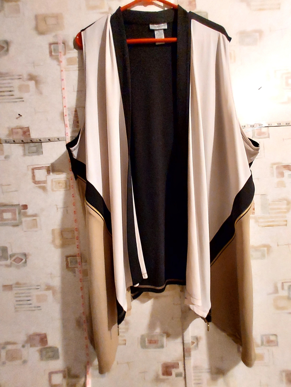Catherines Black, Cream & Tan Draped Open-Front Sleeveless Vest